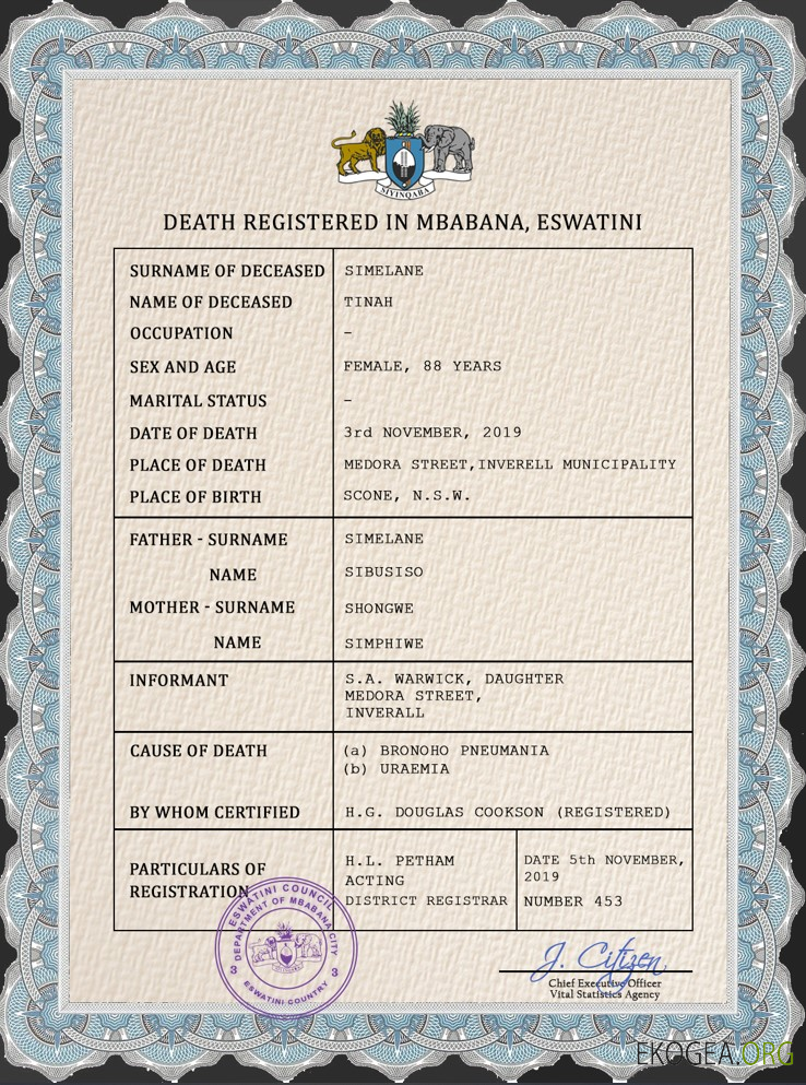 Modèle PSD de certificat de décès d'état civil d'Eswatini